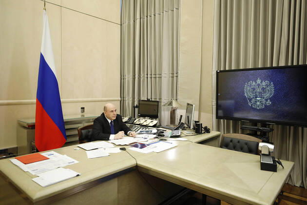 MOSCOW, RUSSIA - APRIL 22, 2020: Russia s Prime Minister Mikhail Mishustin chairs a meeting via video link with members of the Government Coordination Council to Control the Incidence of the Novel Coronavirus Infection. Dmitry Astakhov POOL TASS  TS0D6ACB