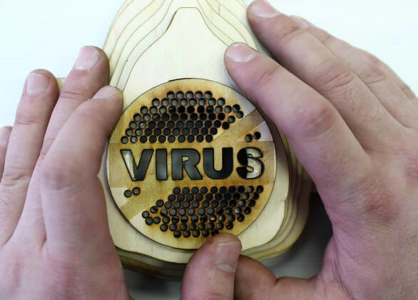 TATARSTAN, RUSSIA - APRIL 22, 2020: This image shows the reusable plywood respirator invented by Radik Guryev, a teacher at an arts and crafts centre for children and youth in the town of Mamadysh, Tatarstan, amid a shortage of conventional face masks during the pandemic of the novel coronavirus disease (COVID-19). The respirator includes a replaceable cotton pad filter. Yegor Aleyev TASS  TS0D6AA9