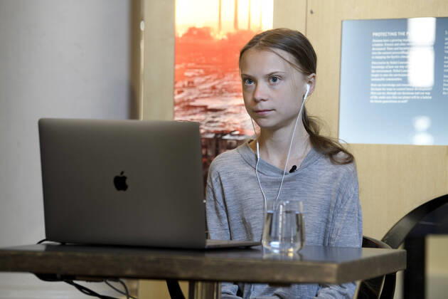 Swedish environmental activist Greta Thunberg during a video conversation with Professor Johan Rockström, who participates via link from Germany, about the coronavirus pandemic and the environment at the Nobel Museum in Stockholm, Sweden, on April 22, 2020 STOCKHOLM SWEDEN x10070x,  Copyright: xJessicaxGow TTx GRETA THUNBERG