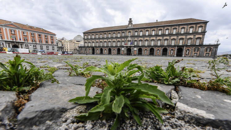 The grass grows in the cracks in the pavement of Plebiscito square in front of the Royal Palace, in the city center, after a month of lockdown. In Italy the lockdown still continue Government Decree declaring all of Italy a protected area to combat covid-19 - coronavirus infection, closing schools, public offices and shops.  Copyright: xSalvatorexLaportax xIPAx xKontrolabx