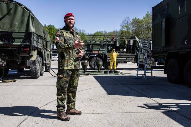 April 22, 2020, Neubiberg Bei Muenchen, Bavaria, Germany: At the Bundeswehr Universitaet (Military University of Germany) in Neubiberg near Munich, Bavarian Interior Minister Joachim Herrmann, Generalleutnant Martin Schelleis, dem Nationalen Territorialen Befehlshaber und Inspekteur der Streitkro¤ftebasis, as well as members of the Technisches Hilfswerk (Federal Agency for Technical Relief) were on hand to explain the effort and coordination of the production of large amounts of surface disinfectants used to help in the fight against SARS-CoV-2 Coronavirus. Germany is currently at 148,174 positive diagnoses with 4,961 deaths. Neubiberg Bei Muenchen Germany - ZUMAb160 20200422_zbp_b160_037 Copyright: xSachellexBabbarx