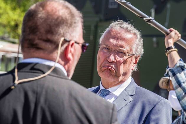 April 22, 2020, Neubiberg Bei Muenchen, Bavaria, Germany: JOACHIM HERRMANN, Interior Minister of Bavaria. At the Bundeswehr Universitaet (Military University of Germany) in Neubiberg near Munich, Bavarian Interior Minister Joachim Herrmann, Generalleutnant Martin Schelleis, dem Nationalen Territorialen Befehlshaber und Inspekteur der Streitkro¤ftebasis, as well as members of the Technisches Hilfswerk (Federal Agency for Technical Relief) were on hand to explain the effort and coordination of the production of large amounts of surface disinfectants used to help in the fight against SARS-CoV-2 Coronavirus. Germany is currently at 148,174 positive diagnoses with 4,961 deaths. Neubiberg Bei Muenchen Germany - ZUMAb160 20200422_zbp_b160_050 Copyright: xSachellexBabbarx