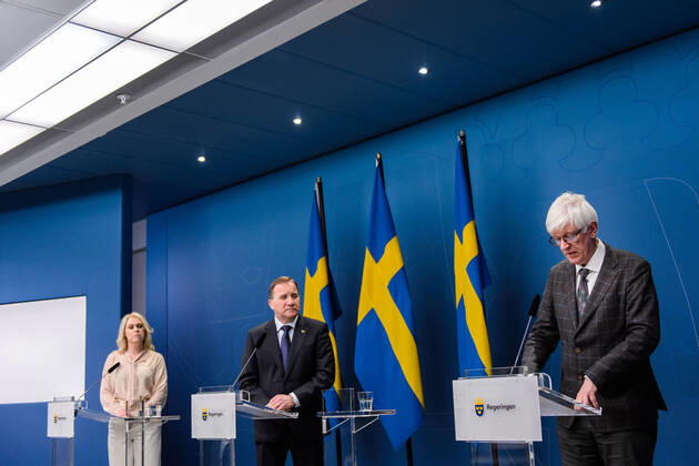 200422 Lena Hallengren, Minister for Health and Social Affairs, Stefan Löfven, Prime Minister of Sweden, and Johan Carlson, Director General at The Public Health Agency, during a press conference with the government of Sweden regarding the coronavirus, Covid-19, on April 22, 2020 in Stockholm. Photo: Maxim ThorÃ BILDBYRAN kod MT bbeng presskonferens regeringen politik corona virus coronaviruset covid-19 press conference public events coronavirus Copyright: MAXIMxTHORE 0047207701st