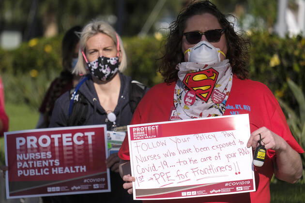 April 22, 2020, Los Angeles, California, U.S: Nurses take part in silent march outside Kaiser Permanente in Los Angeles, Wednesday, April 22, 2020. Nurses exposing Kaiser Permanente for lack of preparedness, lack of PPE, retaliation against nurses for advocation, not providing appropriate benefits when exposed or tested positive with COVID-19. Los Angeles U.S. - ZUMAc68_ 20200422_zaf_c68_007 Copyright: xRingoxChiux