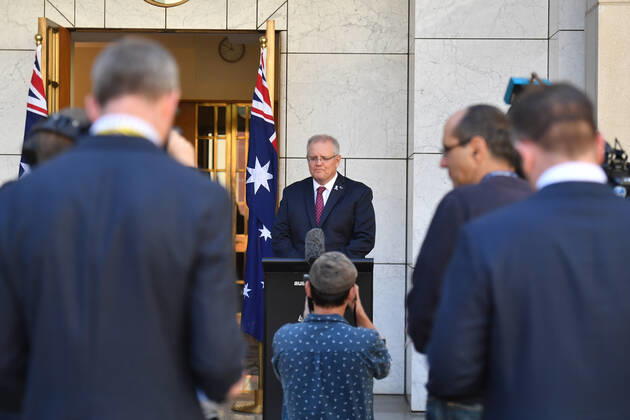 SCOTT MORRISON CORONAVIRUS UPDATE, Prime Minister Scott Morrison speaks to the media at a press conference in Canberra, Thursday, April 23, 2020. ( NO ARCHIVING, EDITORIAL USE ONLY, NO USE IN BOOKS WITHOUT CONSENT Canberra ACT AUSTRALIA  Copyright: xMICKxTSIKASx 20200423001464850562