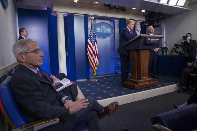 President Donald J. Trump (C) speaks as the Coronavirus Task Force delivers remarks on the COVID-19 pandemic in the James S. Brady Press Briefing Room of the White House in Washington, DC, USA, 22 April 2020.  WAX20200422906 MICHAELxREYNOLDS