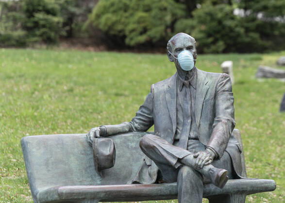 NY: Operation Gridlock in Albany Sculpture of Lewis Swyer with facial mask seen outside of New York State Capitol Building during COVID-19 pandemic Albany New York United States Copyright: LevxRadin