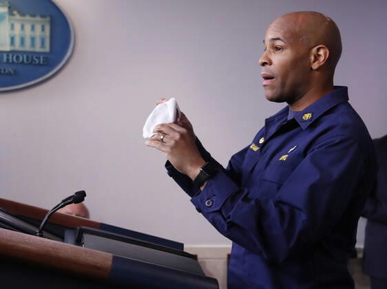 April 22, 2020, Washington, District of Columbia, USA: US Surgeon General Jerome Adams shows his mask as he and members of the Coronavirus Task Force to deliver remarks on the COVID-19 pandemic in the James S. Brady Press Briefing Room of the White House in Washington, DC, USA, 22 April 2020 Washington USA - ZUMAs152 20200422_zaa_s152_089 Copyright: xMichaelxReynoldsx