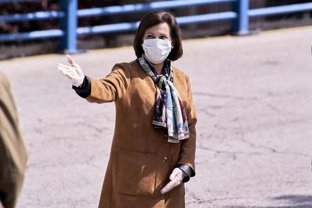 April 22, 2020, Madrid, Spain: Margarita Robles attends the Closure of the morgue of Palacio de Hielo in Madrid..Spanish Authorities held a ceremony to mark the closure of a makeshift morgue for covid 19 victims which had been operating at Madrid™s Palacio de Hielo ice rink. Madrid Spain - ZUMAs197 20200422_zaa_s197_209 Copyright: xLeganxP.xMacex
