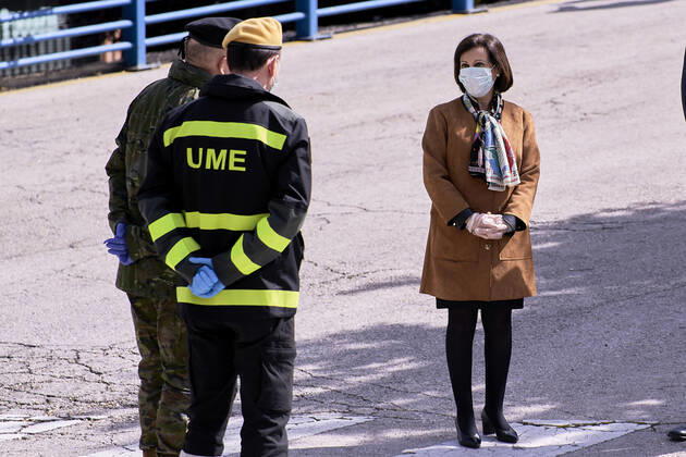 April 22, 2020, Madrid, Spain: Margarita Robles attends the Closure of the morgue of Palacio de Hielo in Madrid..Spanish Authorities held a ceremony to mark the closure of a makeshift morgue for covid 19 victims which had been operating at Madrid™s Palacio de Hielo ice rink. Madrid Spain - ZUMAs197 20200422_zaa_s197_211 Copyright: xLeganxP.xMacex