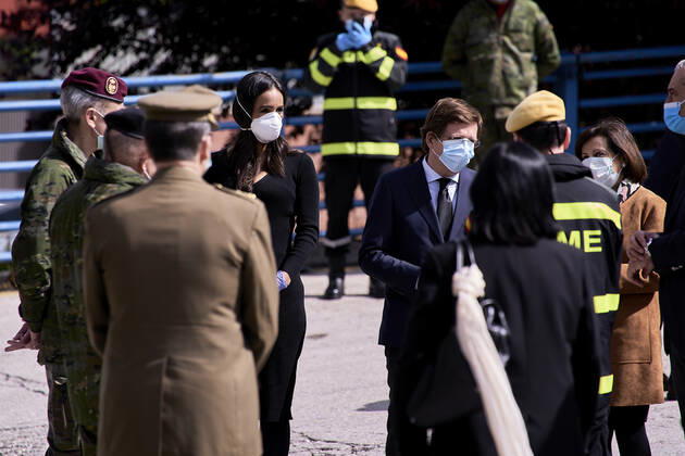 April 22, 2020, Madrid, Spain: Begona Villacis, Jose Luis Martinez-Almeida and Margarita Robles attend the Closure of the morgue of Palacio de Hielo in Madrid..Spanish Authorities held a ceremony to mark the closure of a makeshift morgue for covid 19 victims which had been operating at Madrid™s Palacio de Hielo ice rink. Madrid Spain - ZUMAs197 20200422_zaa_s197_215 Copyright: xLeganxP.xMacex