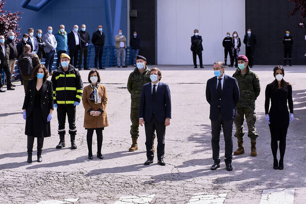 April 22, 2020, Madrid, Spain: (L-R) Isabel Diaz Ayuso, Margarita Robles, Jose Luis Martinez-Almeida and Begona Villacis attend the Closure of the morgue of Palacio de Hielo in Madrid..Spanish Authorities held a ceremony to mark the closure of a makeshift morgue for covid 19 victims which had been operating at Madrid™s Palacio de Hielo ice rink. Madrid Spain - ZUMAs197 20200422_zaa_s197_217 Copyright: xLeganxP.xMacex