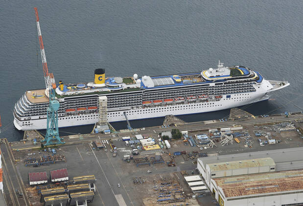 Coronavirus outbreak on cruise ship anchored in Japan Photo taken from a Kyodo News helicopter on April 23, 2020, shows the Costa Atlantica cruise ship anchored in Nagasaki, southwestern Japan. The Nagasaki prefectural government said the same day that 48 of 623 crew members have so far tested positive for the new coronavirus. 