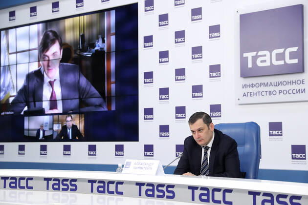 MOSCOW, RUSSIA - April 23, 2020: Alexander Khinshtein, chairman of the Russian State Duma s Information Policy, Information Technologies, and Communications Committee, during an online press conference on launching an educational TV project titled My Online School for senior high school students. Sergei Savostyanov TASS  TS0D6C33