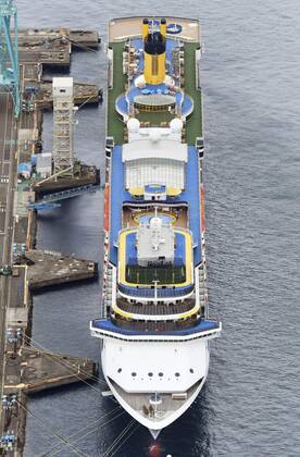Coronavirus outbreak on cruise ship anchored in Japan Photo taken from a Kyodo News helicopter on April 23, 2020, shows the Costa Atlantica cruise ship anchored in Nagasaki, southwestern Japan. The Nagasaki prefectural government said the same day that 48 of 623 crew members have so far tested positive for the new coronavirus. 