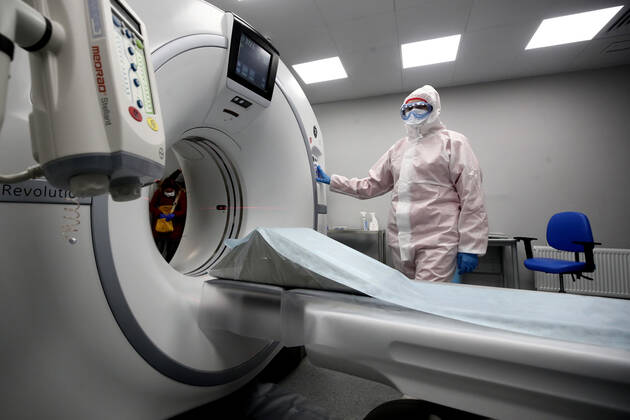 MOSCOW, RUSSIA - APRIL 23, 2020: A computed tomography scanner at Demikhov city hospital No 68 for coronavirus patients; a new 800-bed infectious disease centre in the village of Voronovskoye was built within a month using pre-fabricated structures; after the COVID-19 pandemic, the centre will deal with all types of infectious diseases. Valery Sharifulin TASS  TS0D6C96