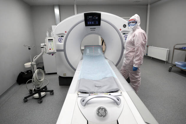 MOSCOW, RUSSIA - APRIL 23, 2020: A computed tomography scanner at Demikhov city hospital No 68 for coronavirus patients; a new 800-bed infectious disease centre in the village of Voronovskoye was built within a month using pre-fabricated structures; after the COVID-19 pandemic, the centre will deal with all types of infectious diseases. Valery Sharifulin TASS  TS0D6C97