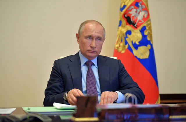 MOSCOW REGION, RUSSIA - APRIL 23, 2020: Russia s President Vladimir Putin during a video conference meeting on bank crediting of the Russian economy at Novo-Ogaryovo residence. Alexei Druzhinin Russian Presidential Press and Information Office TASS  TS0D6CF1