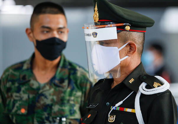 April 23, 2020, Bangkok, Thailand: Soldiers wearing face masks as a preventive measure at the Suvarnabhumi Airport during the Coronavirus (COVID-19) crisis..Thailand has so far reported 2,839 cases of COVID-19 coronavirus with most of the cases reported in the Capital city of Bangkok. Bangkok Thailand - ZUMAs197 20200423_zaa_s197_017 Copyright: xChaiwatxSubprasomx