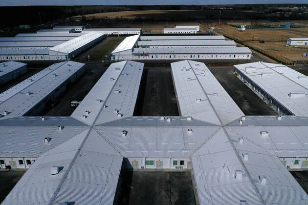 MOSCOW, RUSSIA - APRIL 23, 2020: An aerial view of an infectious desease centre of Demikhov city hospital No 68 for coronavirus patients; a new 800-bed infectious disease centre in the village of Voronovskoye was built within a month using pre-fabricated structures; after the COVID-19 pandemic, the centre will deal with all types of infectious diseases. Valery Sharifulin TASS  TS0D6D26