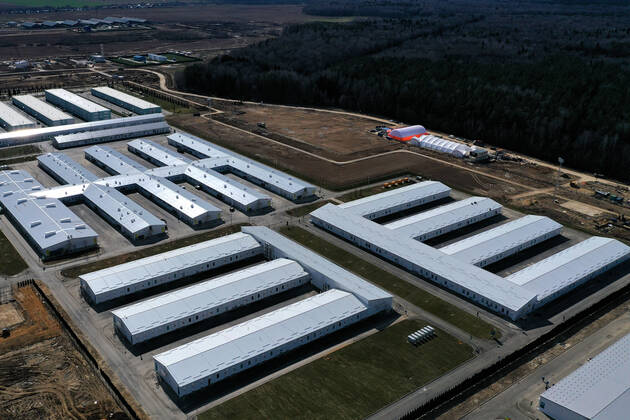 MOSCOW, RUSSIA - APRIL 23, 2020: An aerial view of an infectious desease centre of Demikhov city hospital No 68 for coronavirus patients; a new 800-bed infectious disease centre in the village of Voronovskoye was built within a month using pre-fabricated structures; after the COVID-19 pandemic, the centre will deal with all types of infectious diseases. Valery Sharifulin TASS  TS0D6D29
