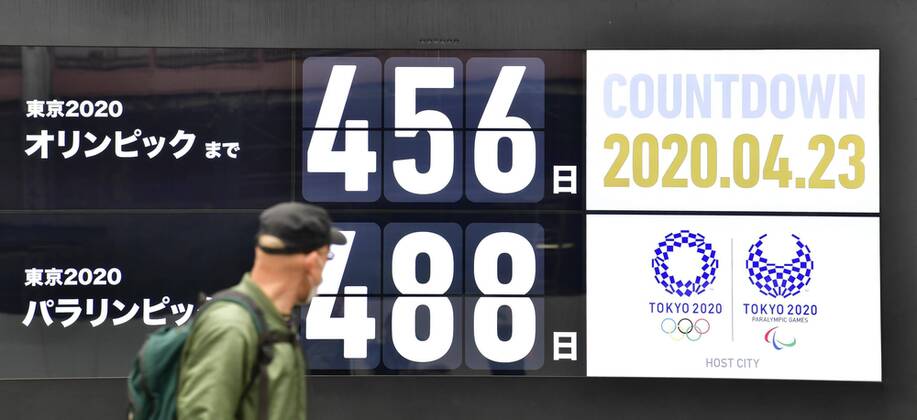 Coronavirus in Japan, Eindrücke aus Tokio Tokyo Games A large screen in front of Tokyo s JR Shimbashi Station shows a countdown to the Tokyo Olympics and Paralympics on April 23, 2020. 
