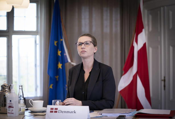 Statsminister Mette Frederiksen holder videomoede med EU s stats- og regeringschefer om corona og genopretningsplan paa Marienborg i Kongens Lyngby, torsdag den 23. april 2020.. , Copenhagen Denmark