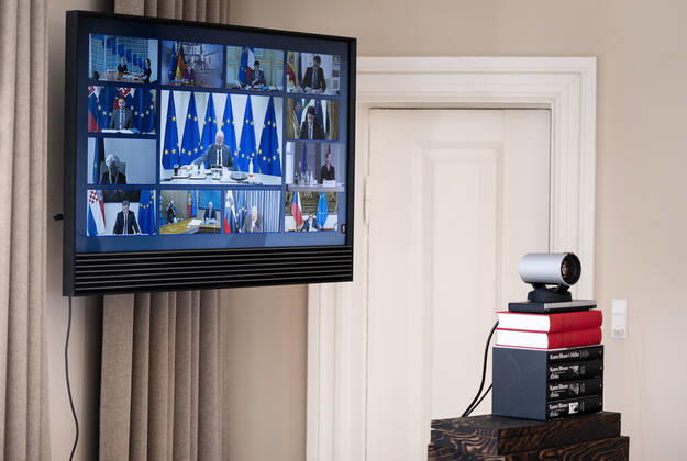 Statsminister Mette Frederiksen holder videomoede med EU s stats- og regeringschefer om corona og genopretningsplan paa Marienborg i Kongens Lyngby, torsdag den 23. april 2020.. , Copenhagen Denmark