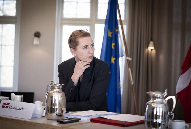 Statsminister Mette Frederiksen holder videomoede med EU s stats- og regeringschefer om corona og genopretningsplan paa Marienborg i Kongens Lyngby, torsdag den 23. april 2020.. , Copenhagen Denmark