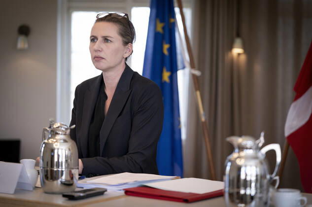 Statsminister Mette Frederiksen holder videomoede med EU s stats- og regeringschefer om corona og genopretningsplan paa Marienborg i Kongens Lyngby, torsdag den 23. april 2020.. , Copenhagen Denmark