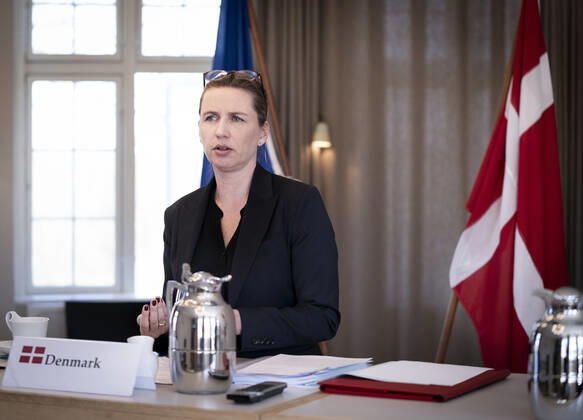 Statsminister Mette Frederiksen holder videomoede med EU s stats- og regeringschefer om corona og genopretningsplan paa Marienborg i Kongens Lyngby, torsdag den 23. april 2020.. , Copenhagen Denmark
