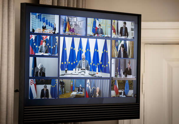 Statsminister Mette Frederiksen holder videomoede med EU s stats- og regeringschefer om corona og genopretningsplan paa Marienborg i Kongens Lyngby, torsdag den 23. april 2020.. , Copenhagen Denmark