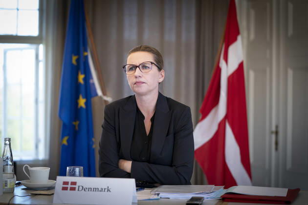 Statsminister Mette Frederiksen holder videomoede med EU s stats- og regeringschefer om corona og genopretningsplan paa Marienborg i Kongens Lyngby, torsdag den 23. april 2020.. , Copenhagen Denmark