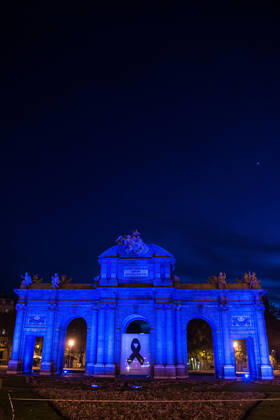 April 23, 2020, Madrid, MADRID, SPAIN: Puerta de Alcala of Madrid with blue lights as tribute to the health workers during the Covid-19 pandemic on April 23, 2020 in Madrid, Spain Madrid SPAIN - ZUMAa181 20200423_zaa_a181_105 Copyright: xJoaquinxCorcherox