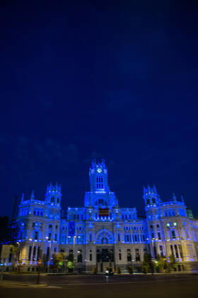 April 23, 2020, Madrid, MADRID, SPAIN: Cibeles Palace of Madrid with blue lights as tribute to the health workers during the Covid-19 pandemic on April 23, 2020 in Madrid, Spain Madrid SPAIN - ZUMAa181 20200423_zaa_a181_097 Copyright: xJoaquinxCorcherox