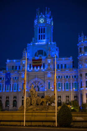 April 23, 2020, Madrid, MADRID, SPAIN: Cibeles Palace of Madrid with blue lights as tribute to the health workers during the Covid-19 pandemic on April 23, 2020 in Madrid, Spain Madrid SPAIN - ZUMAa181 20200423_zaa_a181_091 Copyright: xJoaquinxCorcherox