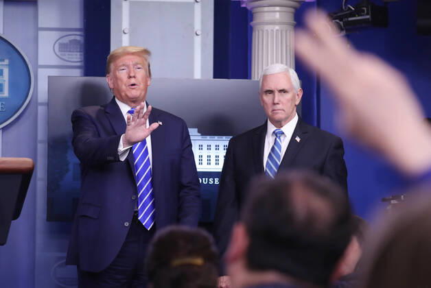 United States President Donald J. Trump (L) and US Vice President Mike Pence (R) is joined by members of the Coronavirus Task Force to deliver remarks on the COVID-19 pandemic in the James S. Brady Press Briefing Room of the White House in Washington, DC, USA, 23 April 2020. Copyright: xMichaelxReynoldsx xPoolxviaxCNPx MediaPunchx