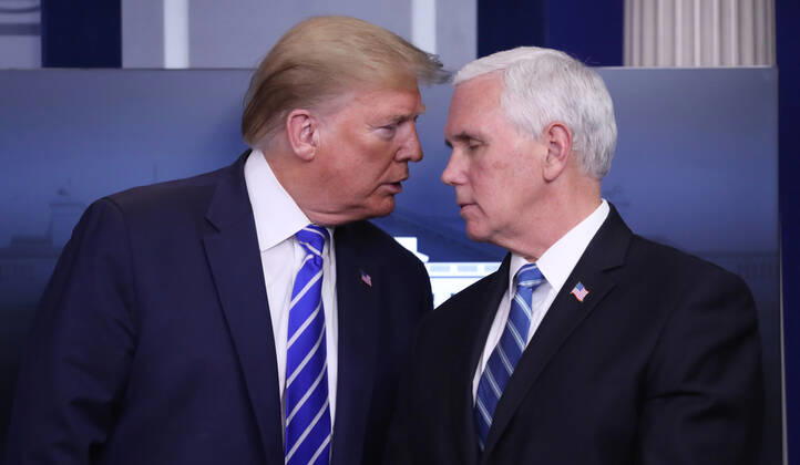 United States President Donald J. Trump (L) and US Vice President Mike Pence (R) converse as they are joined by members of the Coronavirus Task Force to deliver remarks on the COVID-19 pandemic in the James S. Brady Press Briefing Room of the White House in Washington, DC, USA, 23 April 2020. Copyright: xMichaelxReynoldsx xPoolxviaxCNPx MediaPunchx