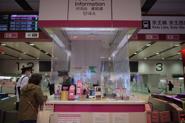 TOKYO, JAPAN - APRIL 23: A plastic sheet curtain is placed between a JR staff and commuters is seen at Shinjuku Station amid the coronavirus pandemic on Thursday, April 23, 2020 in Tokyo, Japan. Japanese Prime Minister Shinzo Abe declared a nationwide State of Emergency last week requesting businesses including schools, athletic facilities, bars and restaurants to temporarily close or operate under reduced hours and urging people to stay home to stop spreading of the coronavirus throughout the country. (Photo: Richard Atrero de Guzman AFLO) (125658900)