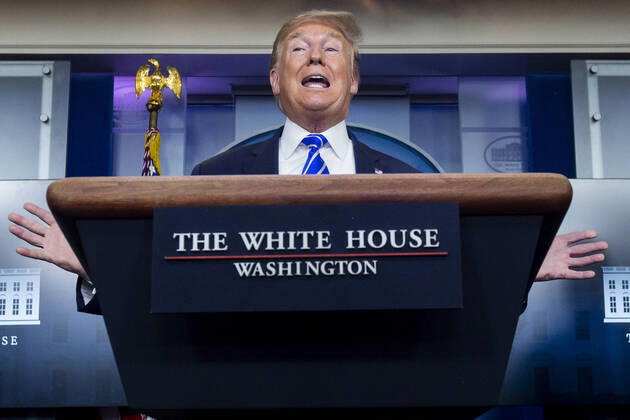 United States President Donald J. Trump participates in a news conference on the COVID-19 pandemic with members of the Coronavirus Task Force, in the James S. Brady Press Briefing Room of the White House in Washington, DC, USA, 23 April 2020. Copyright: xMichaelxReynoldsx xPoolxviaxCNPx MediaPunchx