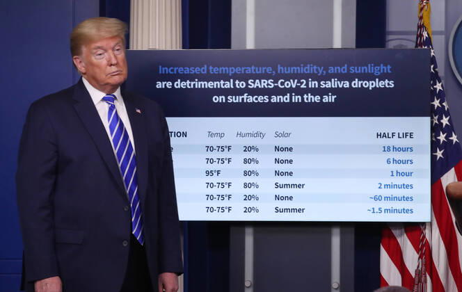 News Bilder des Tages United States President Donald J. Trump reacts as he looks at a television monitor while Senior Official Performing the Duties of the Under Secretary for Science and Technology Bill Bryan is joined by members of the Coronavirus Task Force to deliver remarks on the COVID-19 pandemic in the James S. Brady Press Briefing Room of the White House in Washington, DC, USA, 23 April 2020. Copyright: xMichaelxReynoldsx xPoolxviaxCNPx MediaPunchx