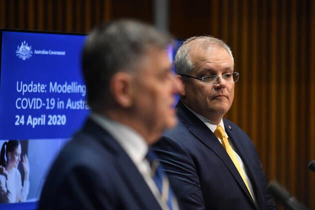 SCOTT MORRISON CORONAVIRUS UPDATE, Chief Medical Officer Professor Brendan Murphy and Prime Minister Scott Morrison give a coronavirus update at a press conference at Parliament House in Canberra, Friday, April 24, 2020. ( NO ARCHIVING, EDITORIAL USE ONLY, NO USE IN BOOKS WITHOUT CONSENT Canberra ACT AUSTRALIA  Copyright: xMICKxTSIKASx 20200424001465038869