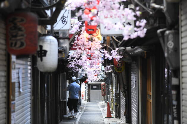 TOKYO, JAPAN - APRIL 24: Closed shops were seen in Omoide Yokocho at Shinjuku on Friday, April 24, 2020 in Tokyo, Japan. Japanese Prime Minister Shinzo Abe declared a nationwide State of Emergency last week to stop the spreading of the coronavirus throughout the country. (Photo: Richard Atrero de Guzman AFLO)  (125672652)