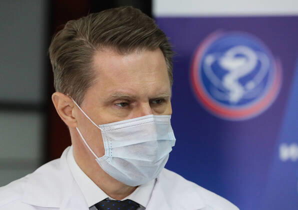 MOSCOW, RUSSIA - APRIL 24, 2020: Russia s Healthcare Minister Mikhail Murashko gives a briefing on his visit to a department of infectious diseases opened at Lopatkin Urology and Interventional Radiology Research Institute to treat COVI-19 patients. Sergei Savostyanov TASS  TS0D6F51