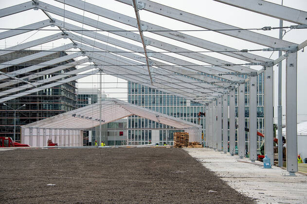 MOSCOW, RUSSIA - APRIL 24, 2020: A view of the construction site for rapid erect medical aftercare facilities for patients diagnosed with the coronavirus at Moscow Municipal Clinical Hospital No 40 in Kommunarka; the facilities would help boost the hospital s capacities more than by half. Denis Grishkin Press Office of the Moscow Mayor and Moscow Government TASS  TS0D6FBE