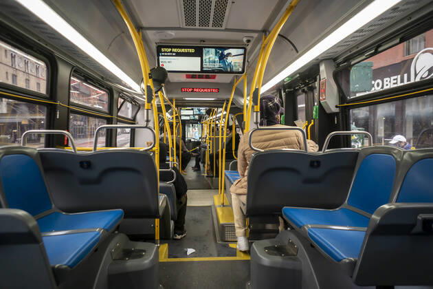 New York during the COVID-19 pandemic Masked riders in the SBS 23 bus on 23rd street in New York on Friday, April 24, 2020. Since the lockdown bus ridership has declined 80% and subway ridership dropped 90%. (  RichardxB.xLevine