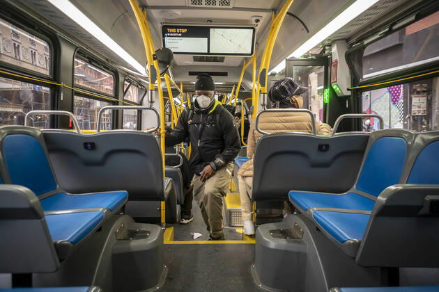 New York during the COVID-19 pandemic Masked riders in the SBS 23 bus on 23rd street in New York on Friday, April 24, 2020. Since the lockdown bus ridership has declined 80% and subway ridership dropped 90%. (  RichardxB.xLevine