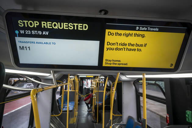 New York during the COVID-19 pandemic Masked riders in the SBS 23 bus on 23rd street in New York on Friday, April 24, 2020. Since the lockdown bus ridership has declined 80% and subway ridership dropped 90%. (  RichardxB.xLevine