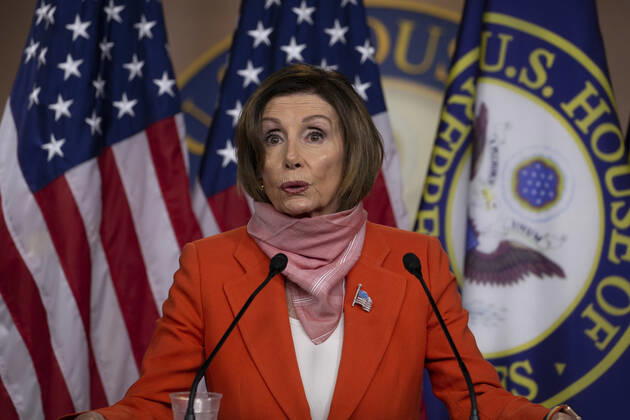 Speaker of the House Nancy Pelosi, D-Calif., speaks during her weekly press conference at U.S Capital in Washington, D.C. on Friday, April 24 2020, Congress delivered a nearly $500 billion infusion of coronavirus spending Thursday, rushing new relief to employers and hospitals buckling under the strain of a pandemic that has claimed almost 50,000 American lives and one in six U.S. jobs.  WAP20200424008 TASOSxKATOPODIS