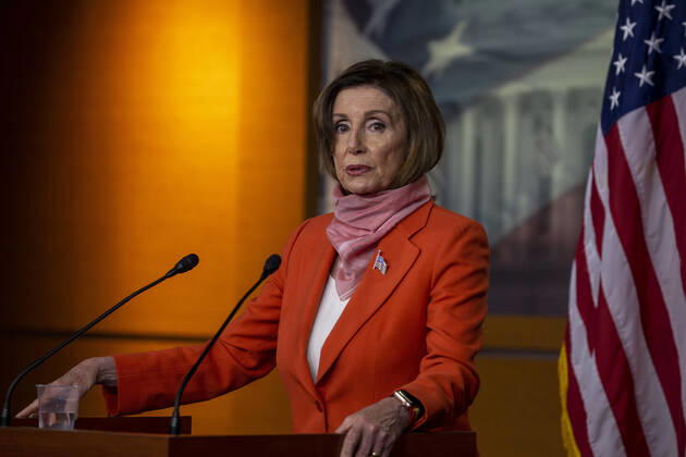 Speaker of the House Nancy Pelosi, D-Calif., speaks during her weekly press conference at U.S Capital in Washington, D.C. on Friday, April 24 2020, Congress delivered a nearly $500 billion infusion of coronavirus spending Thursday, rushing new relief to employers and hospitals buckling under the strain of a pandemic that has claimed almost 50,000 American lives and one in six U.S. jobs.  WAP20200424009 TASOSxKATOPODIS